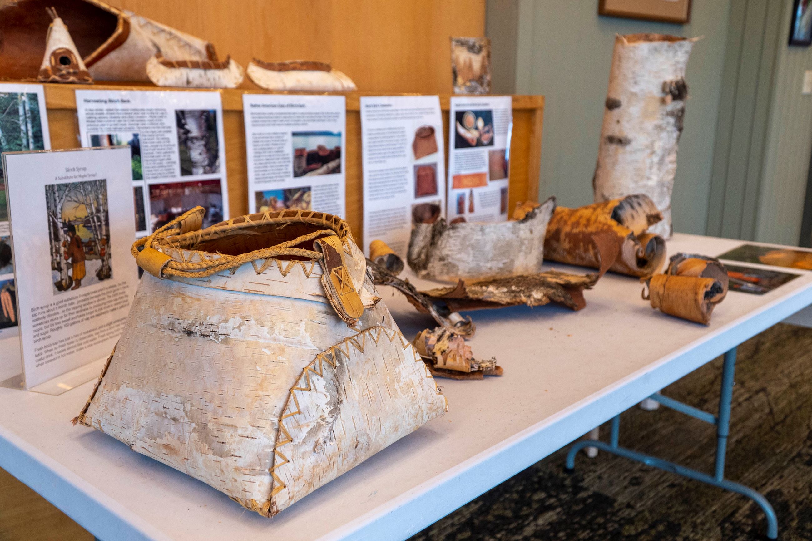 Traditional Native American birch bark tools and crafts.