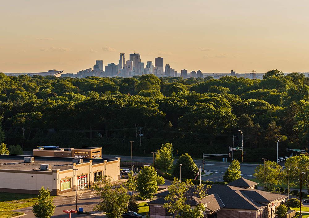 A drone picture of Roseville looking to the Minneapolis skyline.