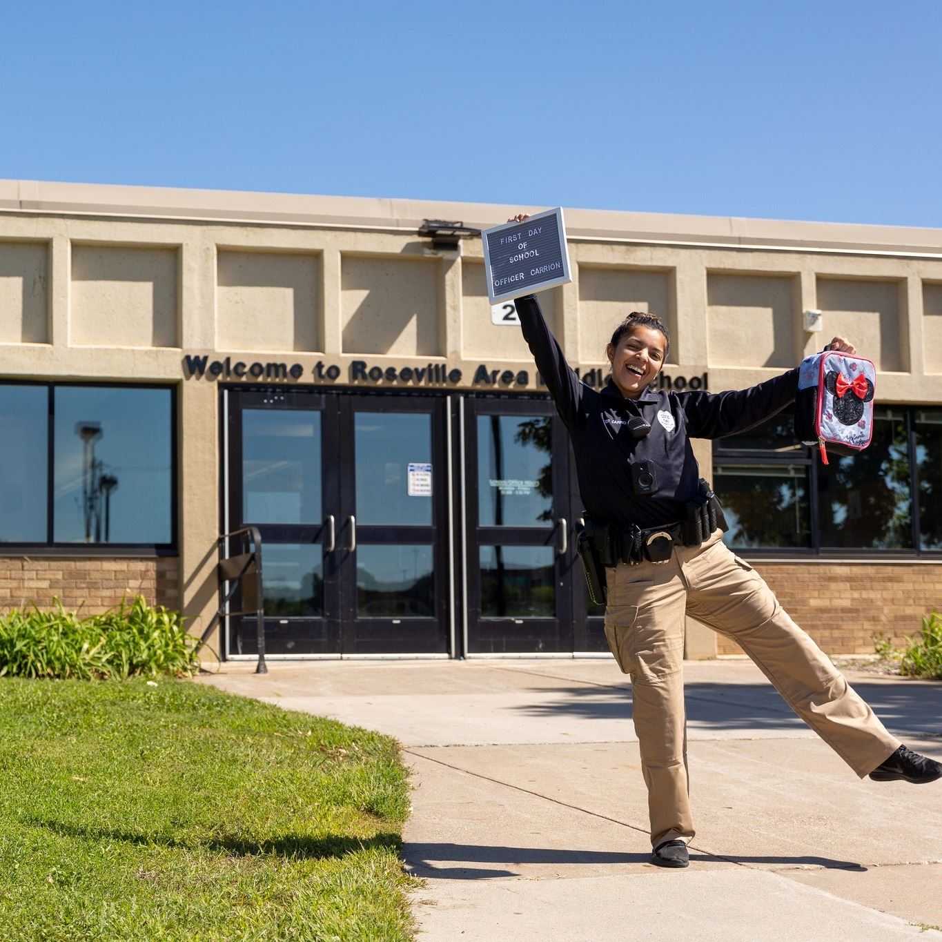 School Resource Officer Carrion poses for a picture on the first day of school.