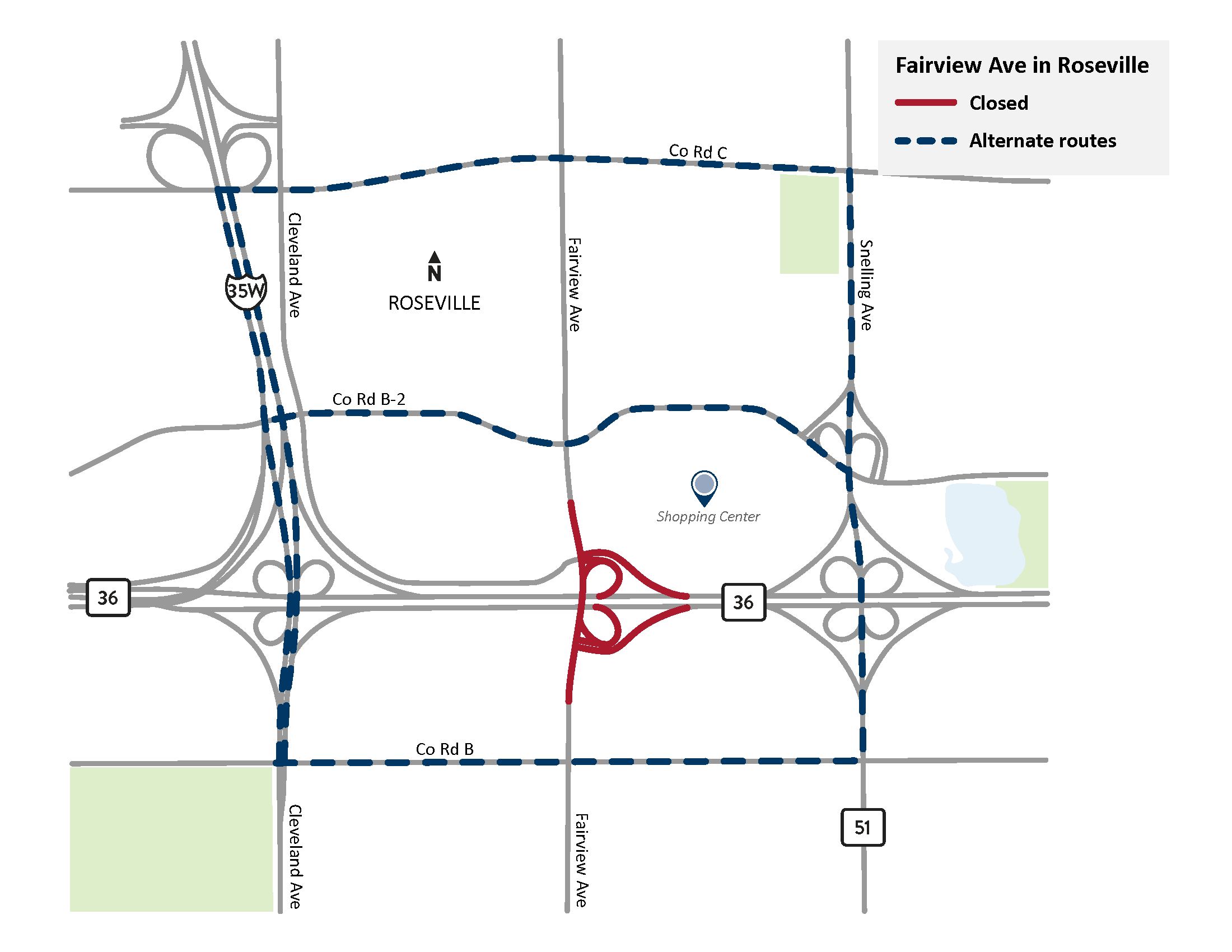 A map shows the HWY36/Fairview Ave interchange construction detour