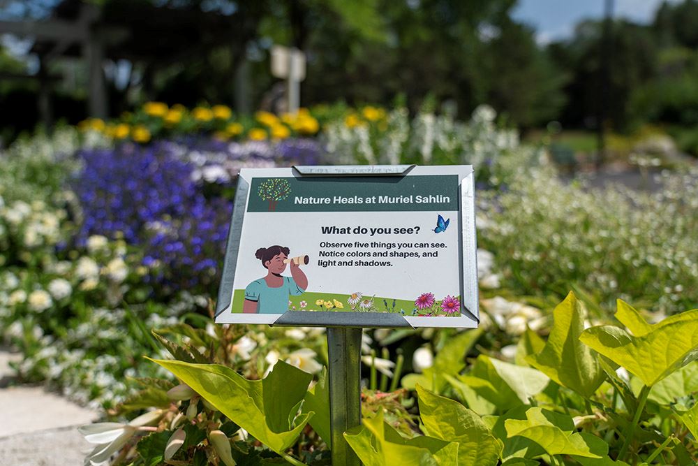 A sign helps visitors to meditate at the Healing Gardens