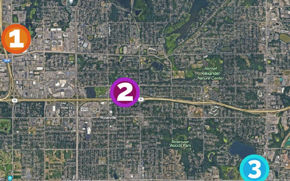 A map showing 3 locations where sidewalks/paths will be constructed.