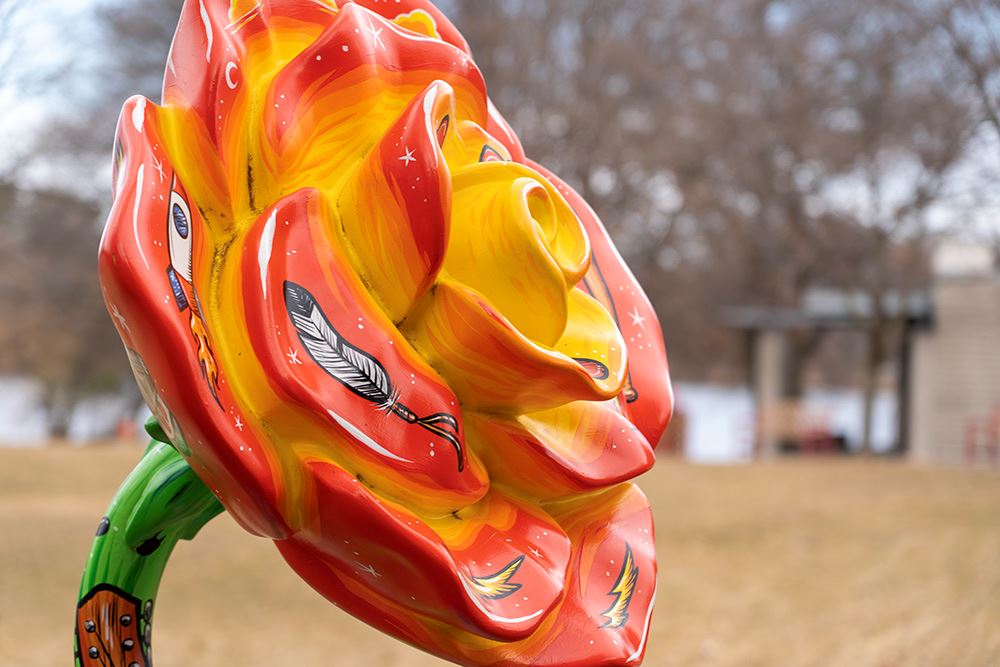 A rose statue by artist Adam Turman at Roseville's Central Park.