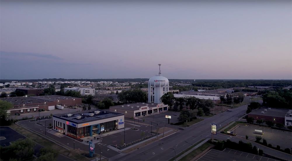 Roseville water tower at dusk.
