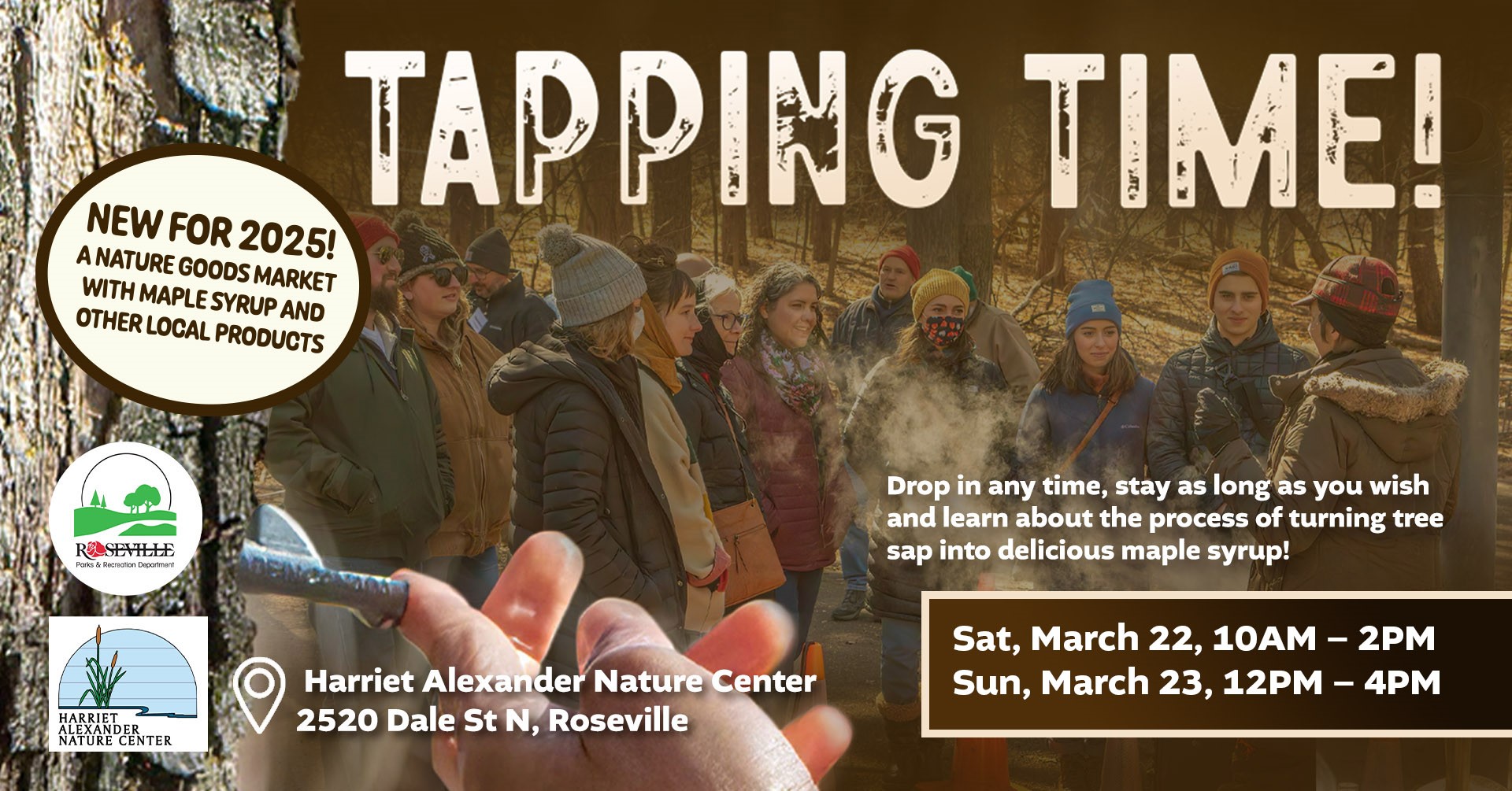 Tapping Time 2025 poster. Dates are Saturday March 22, 10 AM-2PM and March 23 12PM-4PM. 
